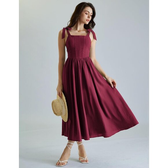 Women Corset Dress Square Neck Cottagecore Fishbone A-Line Sundress - Picture 8 of 9